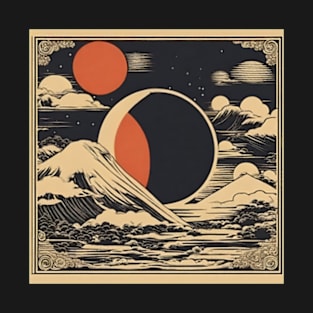 orange and black total solar eclipse 2024 japanese beaches vintage style T-Shirt