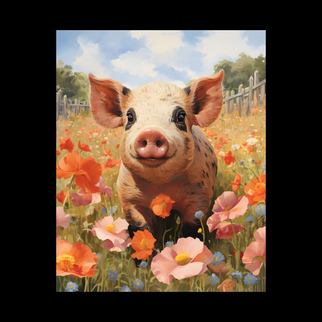 Retro Vintage Cute Pig in Field - Charming Artwork for Pig Lovers by The Whimsical Homestead