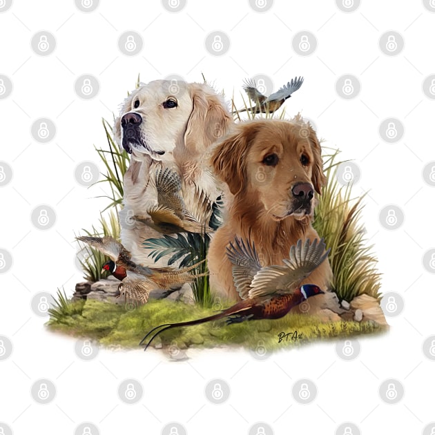 Labrador Retrievers with Pheasant ,Art by German Wirehaired Pointer 