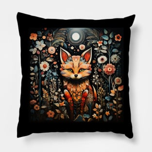 Surrealistic Folk Art Dark Floral Motif Fox Design Pillow