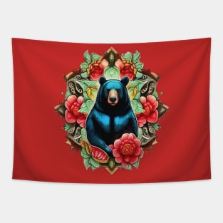 Alabama State Black Bear Surrounded by Camellia And Hydrangea Tapestry