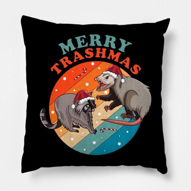 Merry Trashmas Opossum Raccoon Possum Santa Claus Christmas Pillow by OrangeMonkeyArt