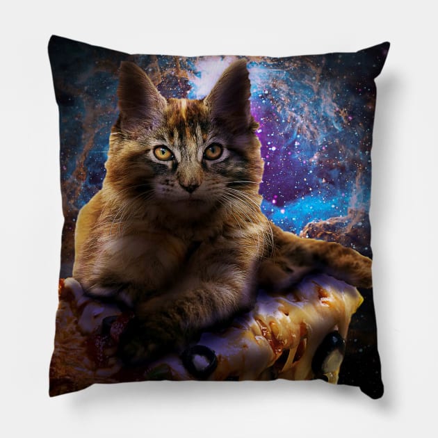 Galaxy Space Maine Coon Cat On Pizza Pillow by Random Galaxy