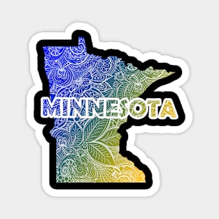 Colorful mandala art map of Minnesota with text in blue and yellow Magnet