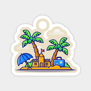 Beach Summer, Sand Castle And Coconut Trees Cartoon Magnet