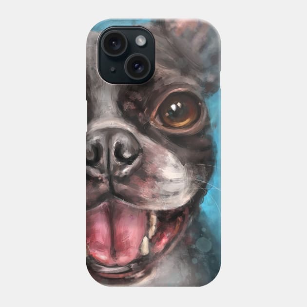 Contemporary Painting of a Young Boston Terrier Smiling on Blue Background Phone Case by ibadishi
