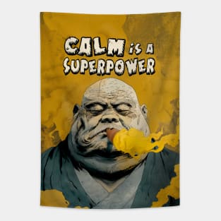 Puff Sumo: Calm is a  Superpower on a Dark Background Tapestry