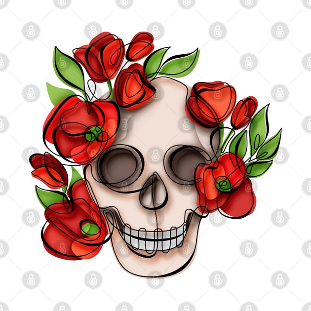 Minimalistic Continuous Line Skull with Poppies by lissantee