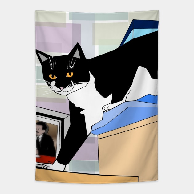 Cute Tuxedo Cat up high. You cant get me Copyright by TeAnne Tapestry by TeAnne