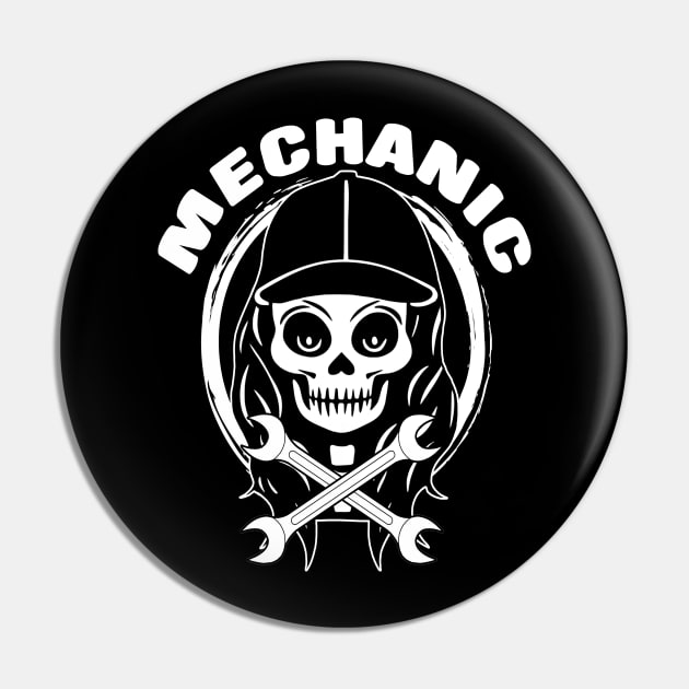 Female Mechanic Skull and Spanners White Logo Pin by Nuletto