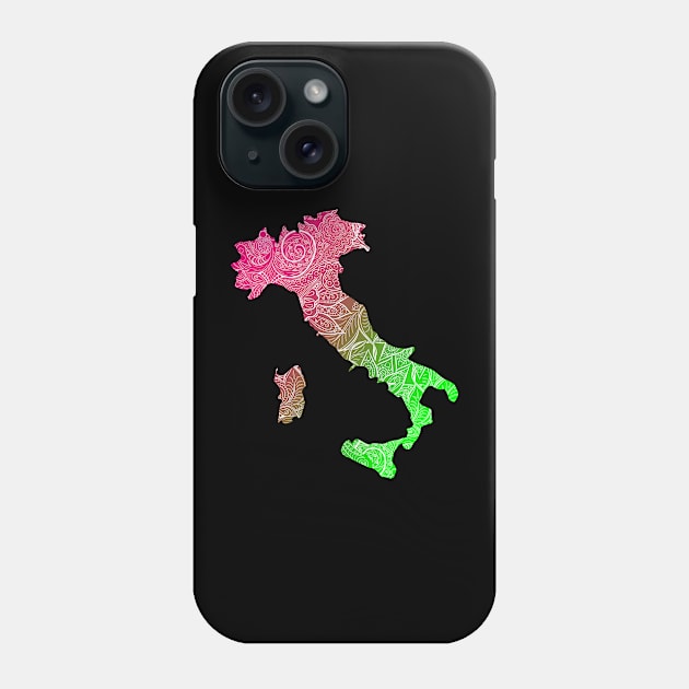 Colorful mandala art map of Italy with text in pink and green Phone Case by Happy Citizen