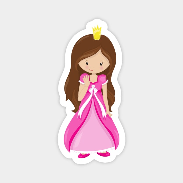 Cute Princess, Crown, Brown Hair, Pink Dress Magnet by Jelena Dunčević