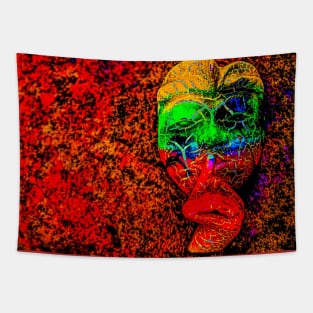 A Bali face mask on red background Tapestry