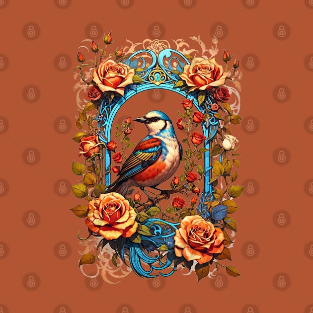 Bird on a branch with roses retro vintage floral design by Neon City Bazaar