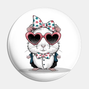 Guinea pig print design wearing heart-shaped sunglasses and bow tie with polka dot headband, cute cartoon style Pin