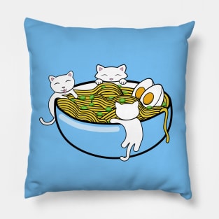 Happy little kittens climbing on a bowl of ramen noodles Pillow