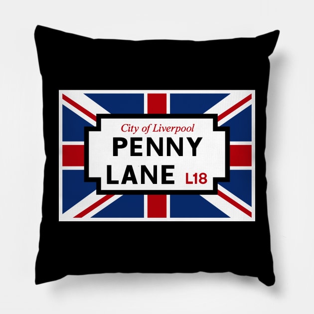 Penny Lane Street Sign and Union Jack Flag Pillow by TwistedCharm