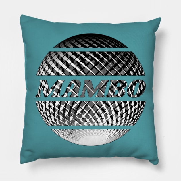 Silver disco ball with the inscription "Mambo". Pillow by Bailamor