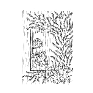 GIRL NEAR WINDOW TREE WITH A BOOK AND COFFEE ENJOYING RAIN T-Shirt