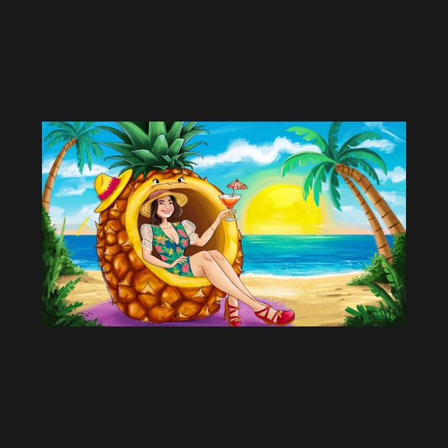 Woman Sitting Inside Pineapple Drinking Cocktail by jerranne