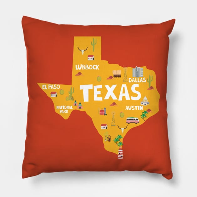 Texas State USA Illustrated Map Pillow by JunkyDotCom