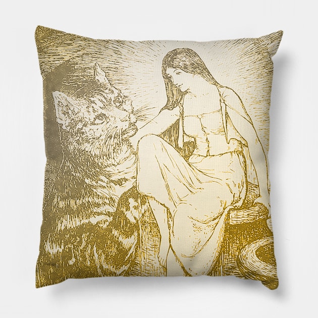 Pre-raphaelite beauty and cat Pillow by Blacklinesw9