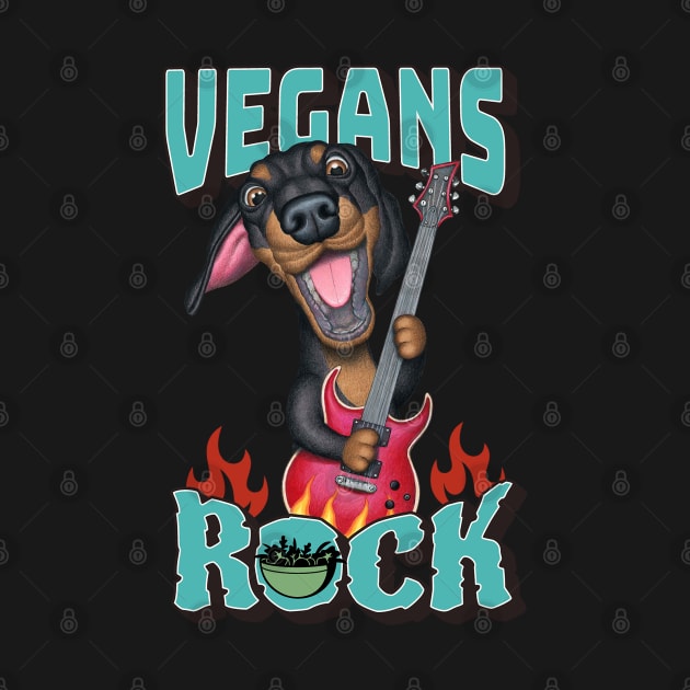 Vegans Rock with Dachshund doxie dog with guitar by Danny Gordon Art