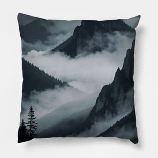 Gray, Misty Mountain Valley with Pine Trees Pillow