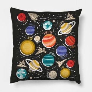 Paper space adventure II // illo // black background multicoloured solar system paper cut planets origami paper spaceships and rockets Pillow