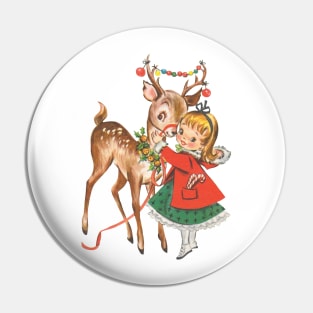 Vintage Christmas Girl and Reindeer Pin