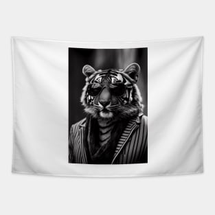 Tiger Boss: A Black and White Portrait, Tiger with sunglasses Tapestry