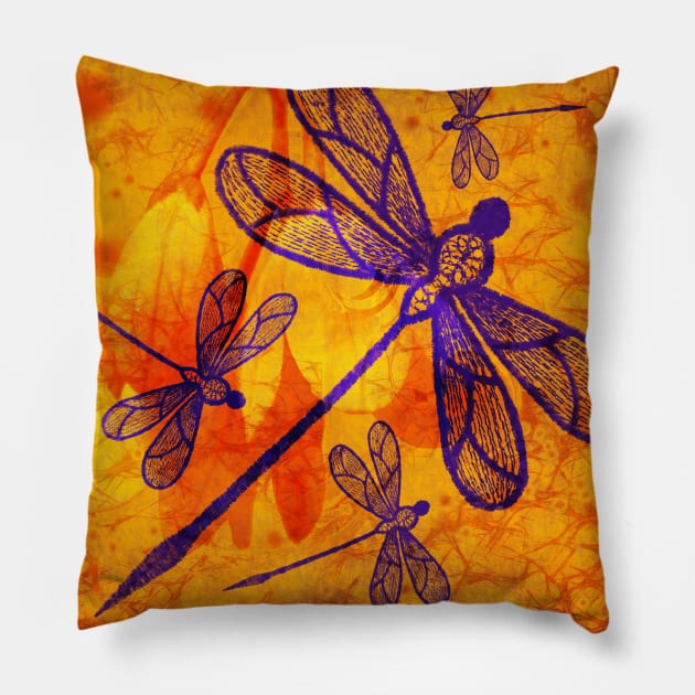 Navy-blue embroidered dragonflies on textured vivid orange background Pillow by hereswendy