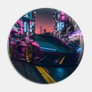 Dark Neon Sports Car in Japanese Neon City Pin