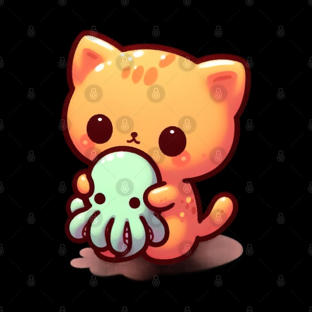 Cute little cat holding Cthulhu by Evgmerk