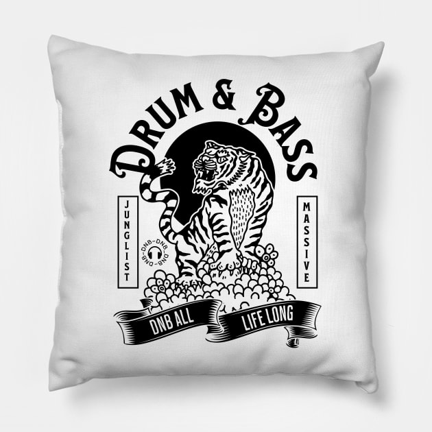 DRUM AND BASS  - Junglist Tiger Massive (Black) Pillow by DISCOTHREADZ 