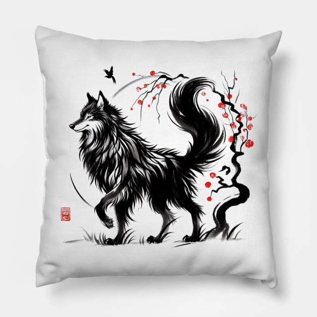 Chinese Style Ink Wolf Pillow by T-Shirt Paradise