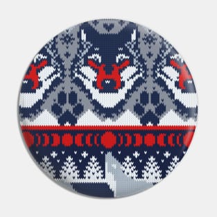 Fair isle knitting grey wolf // pattern // navy blue and grey wolves red moons and pine trees Pin