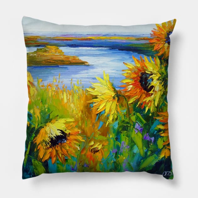 Sunflowers in the wind by the river Pillow by OLHADARCHUKART