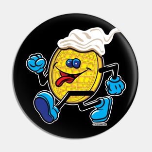 Happy Smiling Waffle Mascot strutting with Blueberries and whipped cream Pin