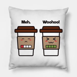 Meh. Woohoo! | Coffee Cup Friends | Charging | Low High Battery  | Cute Kawaii | White Pillow