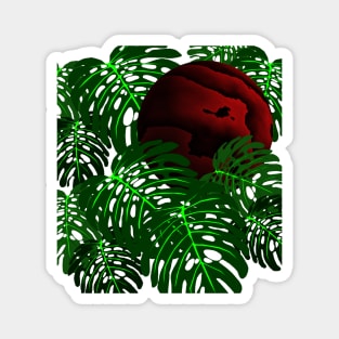 Monstera Leaves Mysterious Maroon Circle Decoration Magnet