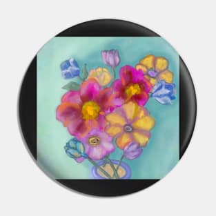 Impressionistic bouquet of flowers in yellow, pink, and blue Pin