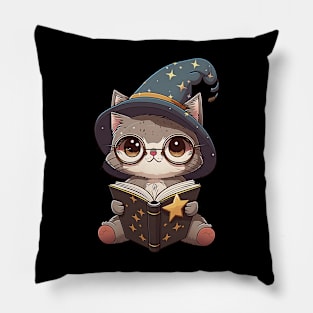 Magical Cat with a Spellbook - Adorable Magic Cat Cartoon Pillow