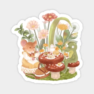 Cottagecore Mouse and Frog Having a Tea Party Magnet