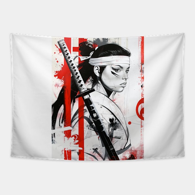 Black Ink Samurai Woman Tapestry by Durro