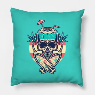 Skull with surfboards and palm trees on the beach - cool surfer Pillow