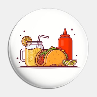 Taco Mexican Food with Lemonade and Ketchup Cartoon Vector Icon Illustration Pin