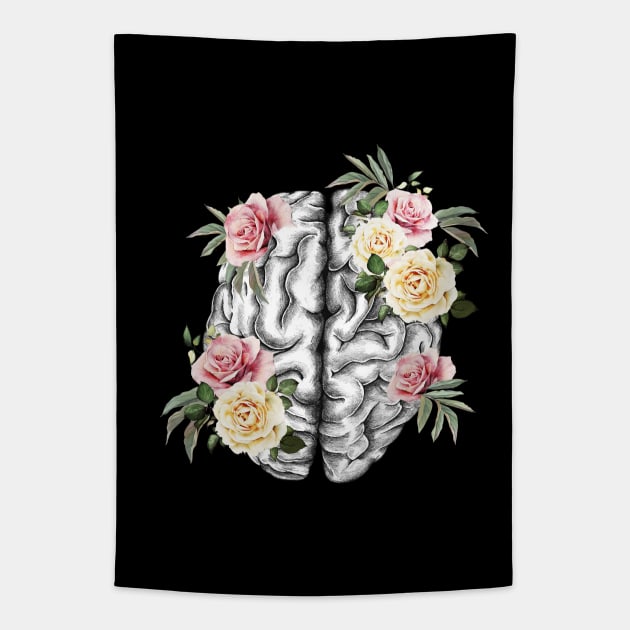 Brain human anatomy,Floral, apricot blond roses, mental Tapestry by Collagedream