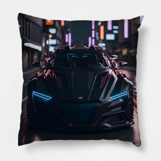 Dark Sports Car in Japanese Neon City Pillow