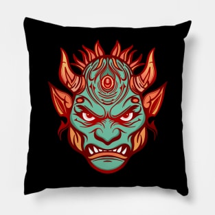 Angry green gargoyle with horns Pillow
